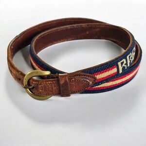 Vintage Striped Canvas Leather Belt RRB‎ USA Anchor Brass Buckle Women's 39 Inch